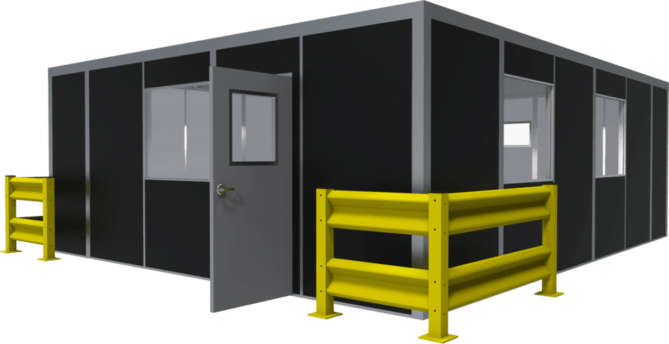 An exterior modular vestibule with yellow guard rail.