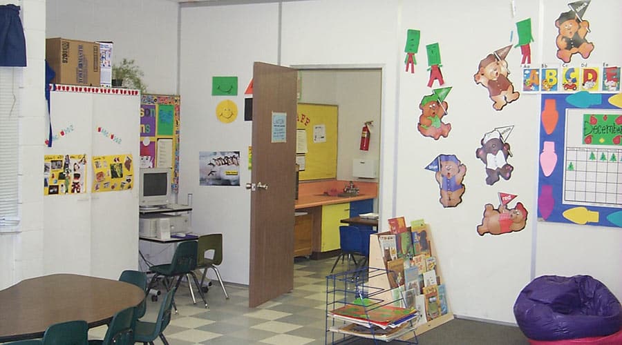 Modular classroom partitions in use.